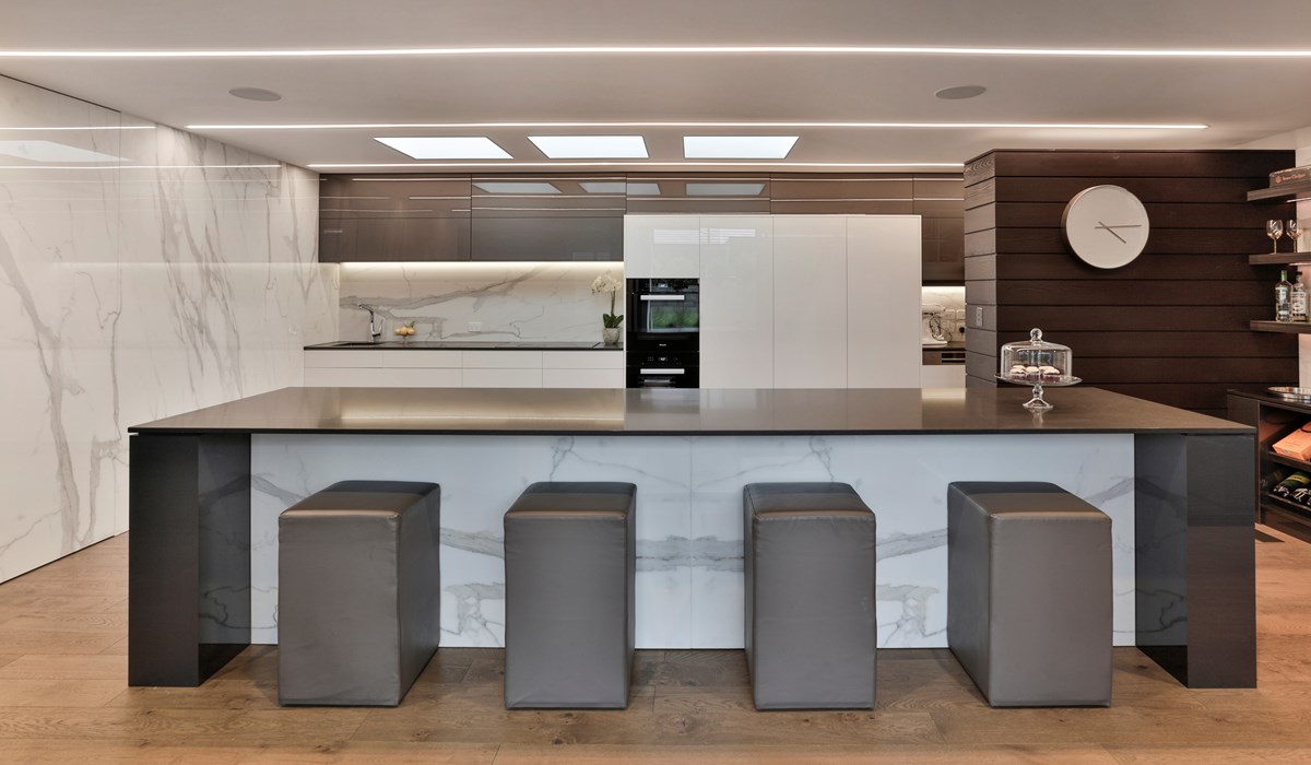 Pewter and Alabaster Gloss acrylic Fleur Jourdain kitchen wide